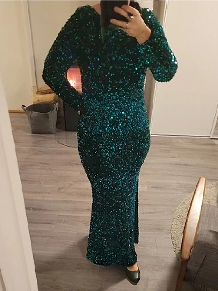 Romagic Elegant Women Modest Stretch Sequin Royal Blue Wedding Prom Gown Long Sleeves Mermaid Formal Evening Party Dress 241217