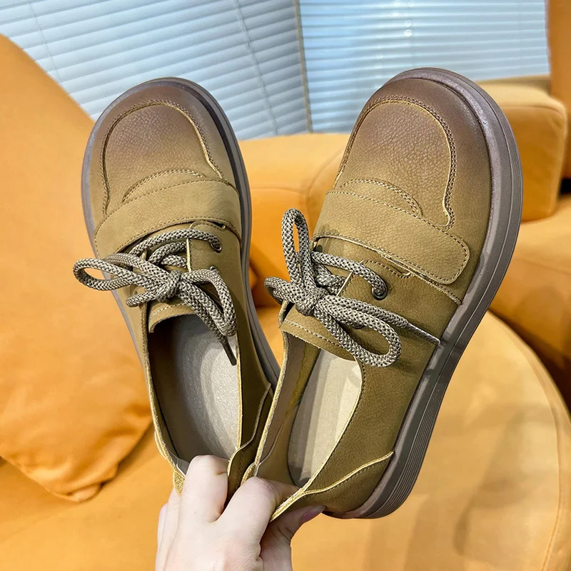 AIYUQI Women's Loafers Genuine Leather Spring Vintage Women Flats Lace-up British-style Casual Shoes Women