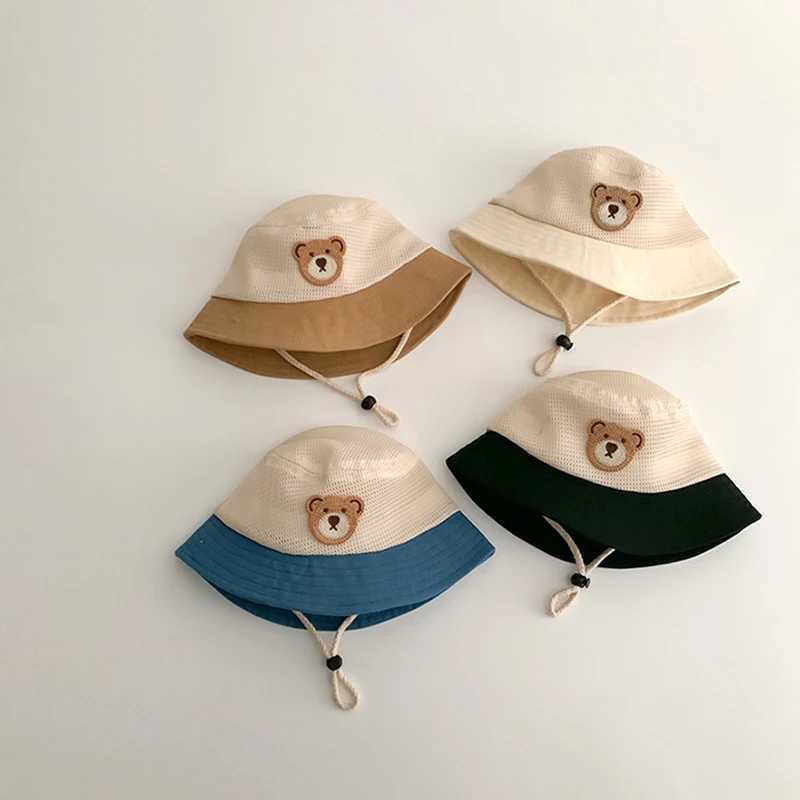 Caps Hats Baby Summer Bucket Hat Cute Bear Preschool Childrens Mesh Breathable Sun Hat Outdoor Beach Boys and Girls Panama Fishermans Hat H241223