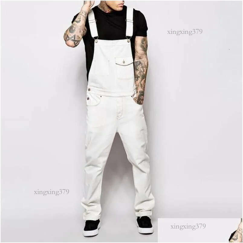 Mens Jeans Jumpsuits Overalls Men Bib Denim Suspender Romper Trousers Streetwear Pockets Y Slim Skinny Overall Black White Drop Delive Dhfck