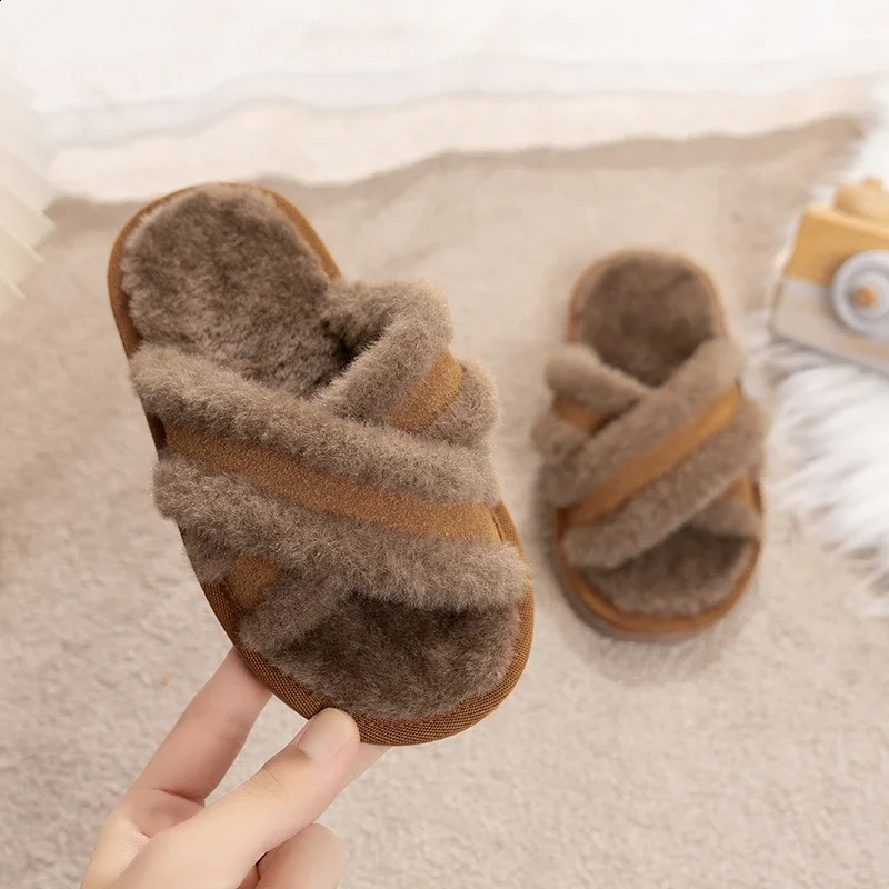 Winter Childrens Slippers Simple Fashion Girls Mules Slippers Open-toe Soft Kids Causal Boys Warm Home Slippers Furry Hairy 241223