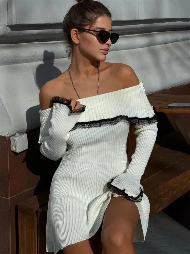 Tossy Knit OffShoulder Sweater Mini Dress Womens Lace Patchwork Ribbed Slim Backless Elegant Party Knitwear 241218