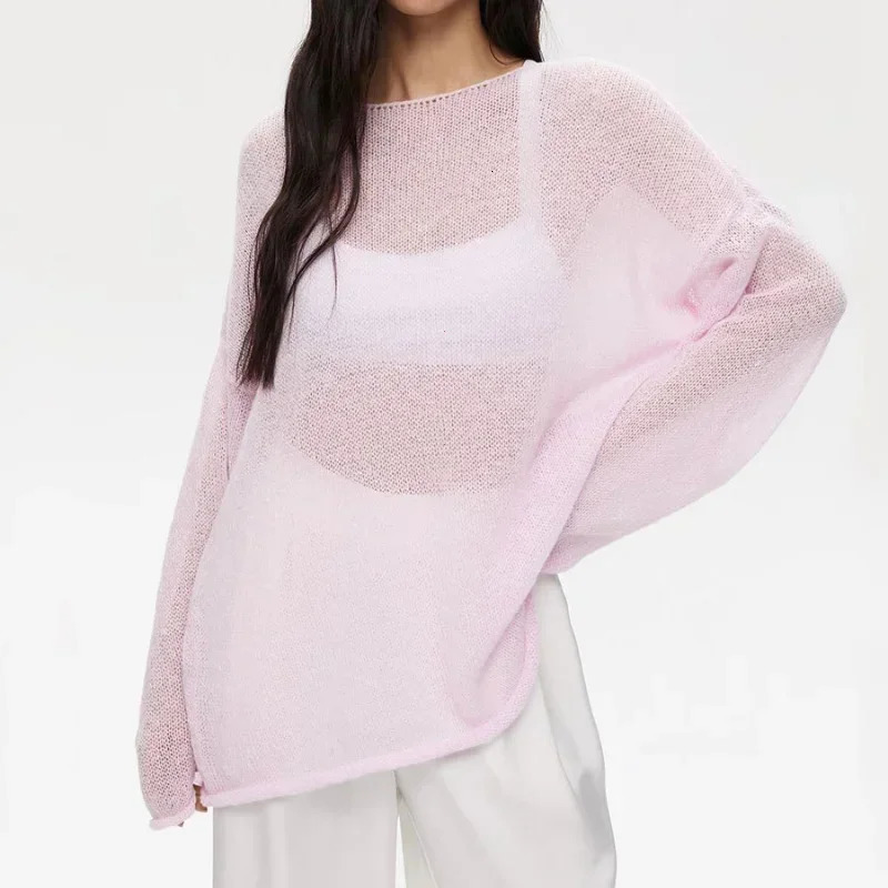 Elegant sweater womens 2024 summer autumn casual fashion loose floral chic pink and white skydiving suede cream 241211