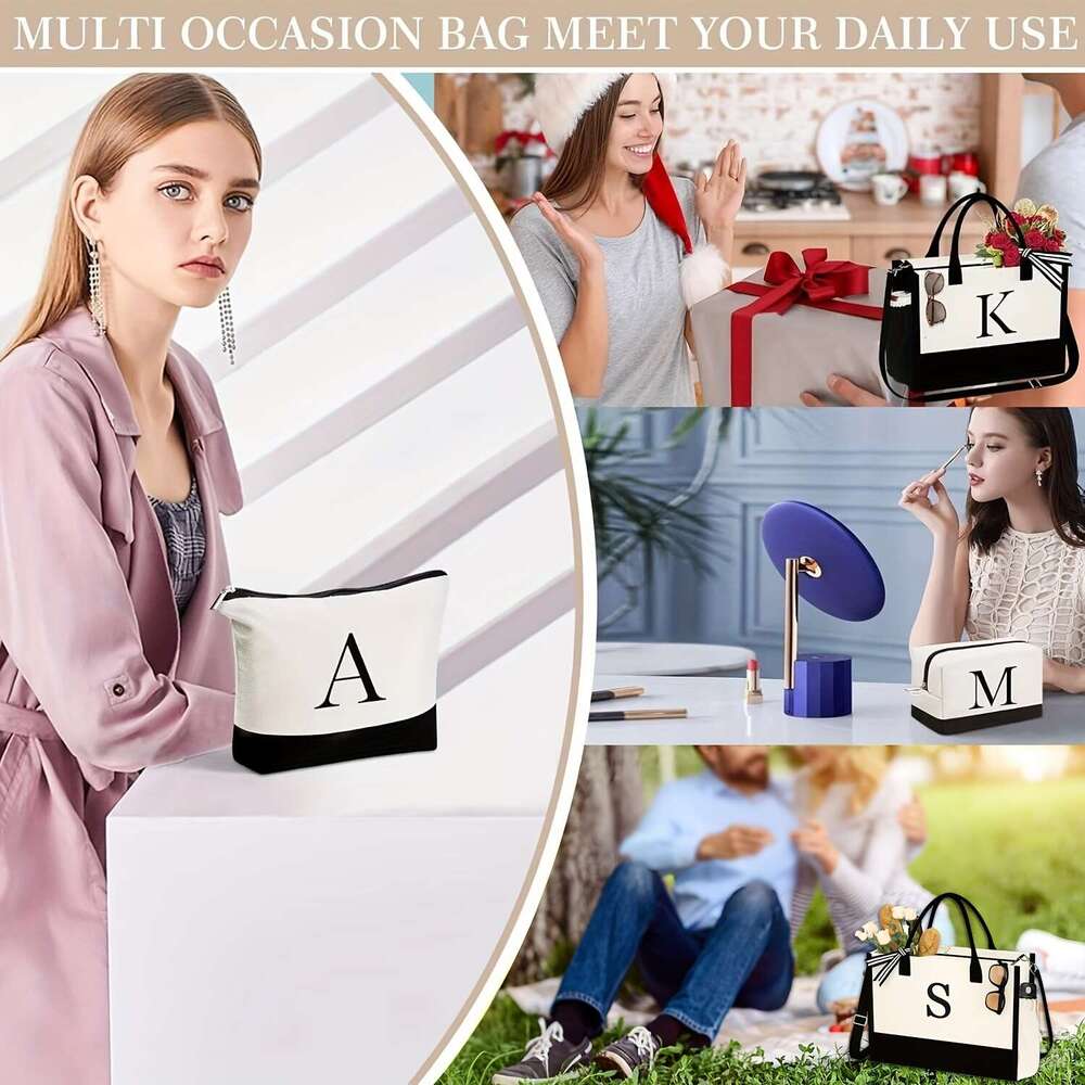 3pcs/2pcs - Initial Canvas Tote & Makeup Bag With Adjustable Strap, Birthday Women Gifts For Wife Girlfriend Friends Female Sister Teacher, Christmas 