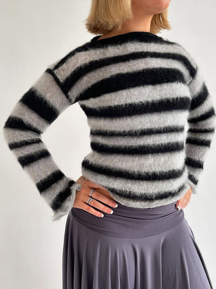 Mohair Striped Sweater Women Contrast Color Knitted O-Neck Long Sleeve Loose Chic Pullover Female Winter New Top Pollover