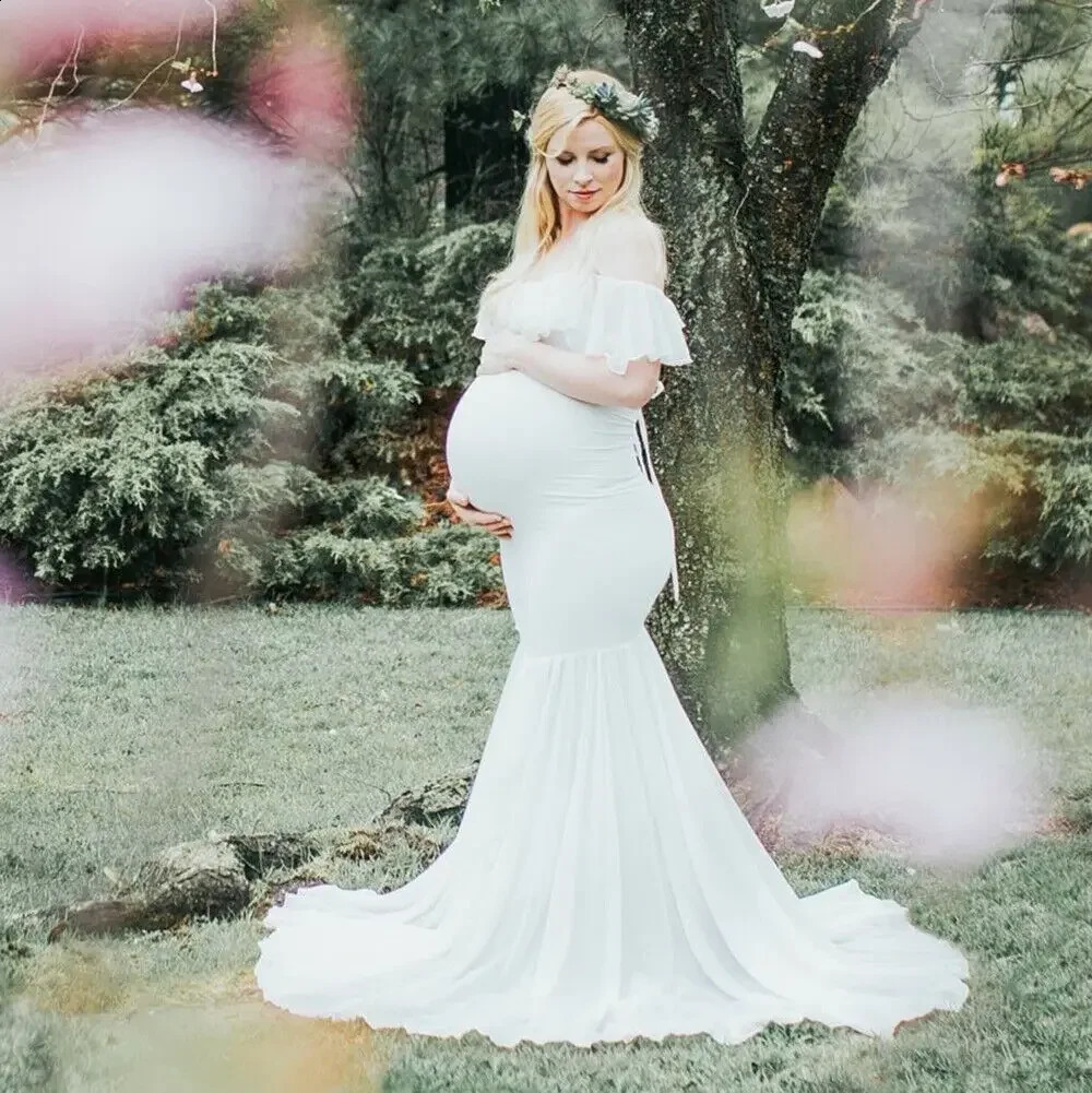 Womens Ruffle Lace Off Shoulder Maternity Dress for Pography Baby Shower Flounce Floral Mermaid Gown for Po Shoot 241223