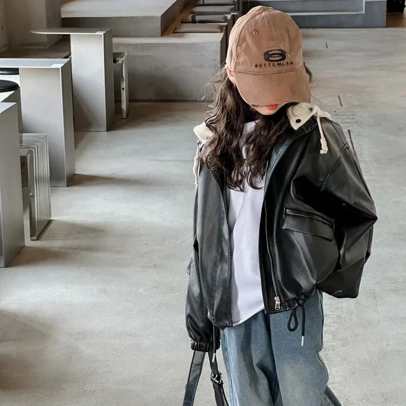 Girls Leather Jacket Hooded Jacket Autumn Stylish Children Clothing Long Sleeved Jacket Top for Baby Girls 241223