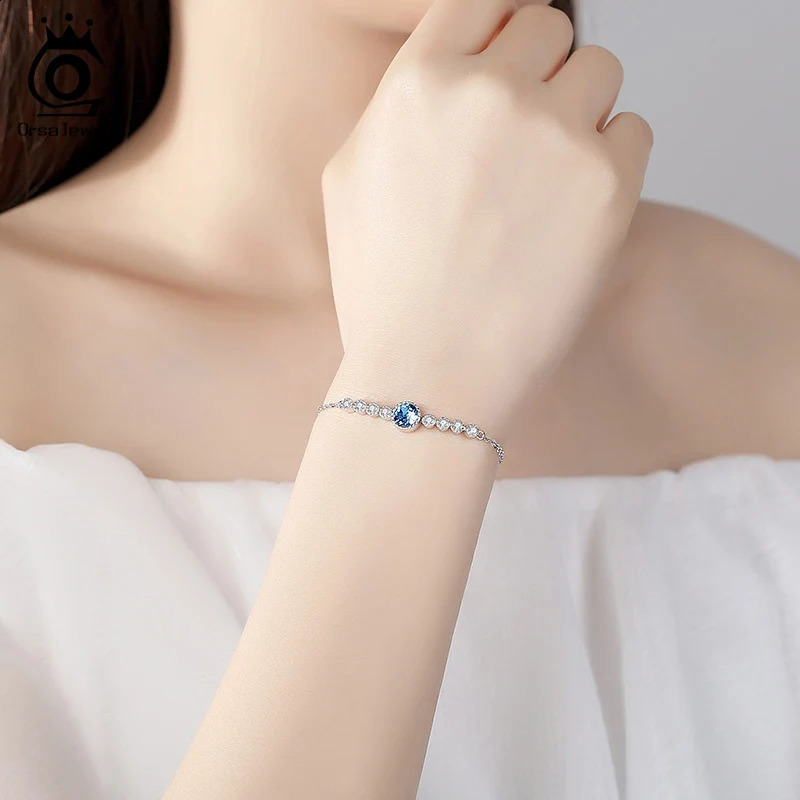 ORSA JEWELS Blue Cubic Zirconia Bracelet Chain Women Gift 925 Sterling Silver Charm Round Pink Crystal Bangle Exquisite SWB03 241214