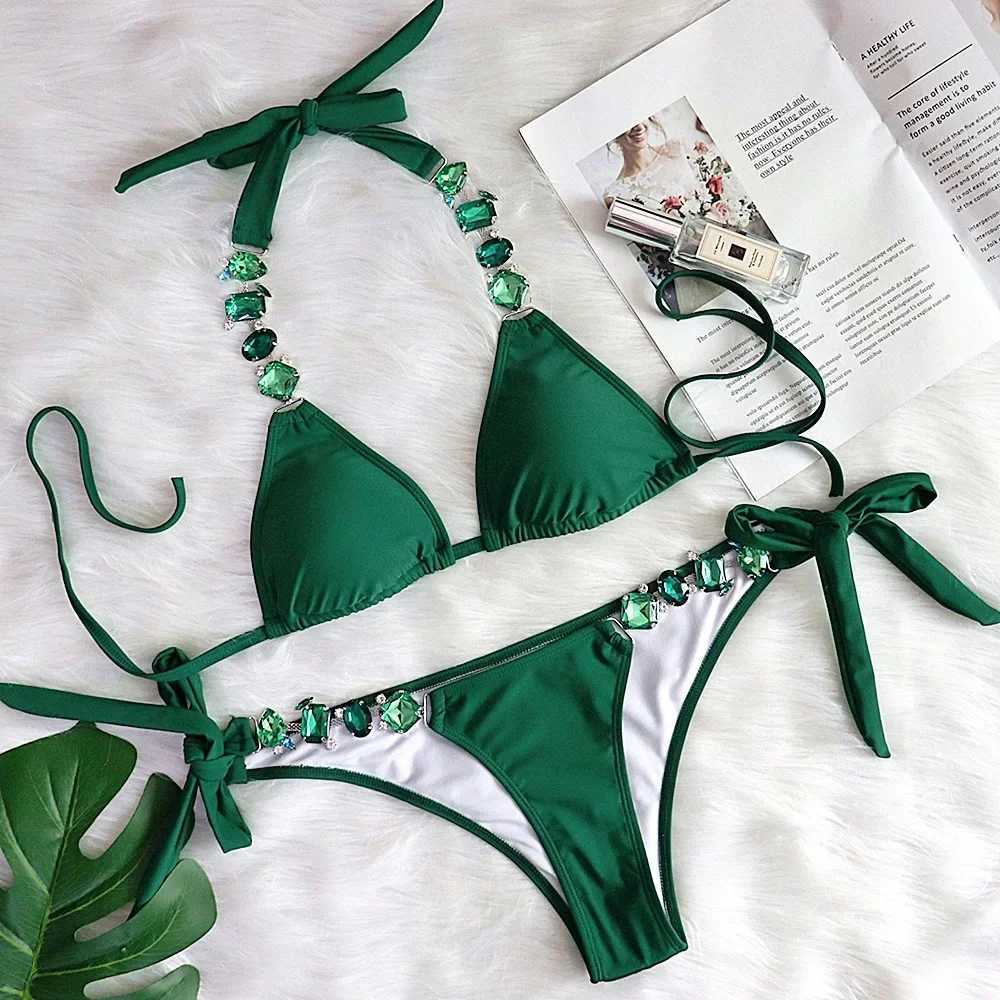 Women Sexy Bikini 2022 Purple Crystal Rhinestones Glitter Diamond Gems Swimsuit Halter Bandage Push Up Swimwear Bathing SuitXJ241223