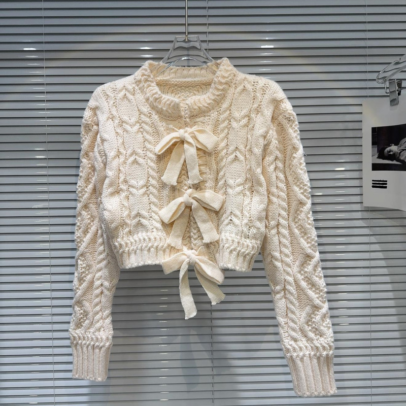 Sweet Spliced Bowknot Knitting Pullover Sweater For Womne Round Neck Long Sleeve Solid Temperament Sweater Female Winter New