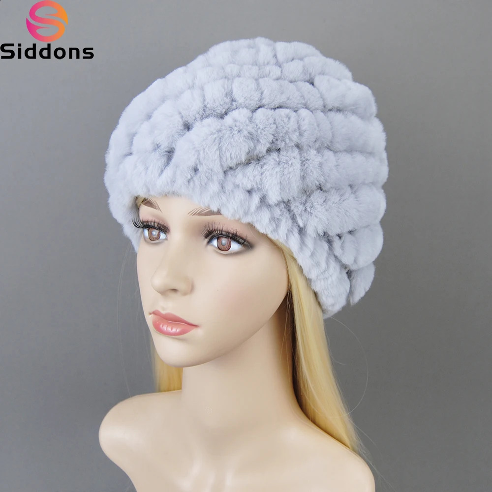Outdoor Winter Good Elastic Real Fur Hat Women Knitted Natural Rex Rabbit Fur Skullies Cap Warm Soft Real Fur Beanies Hats 241214