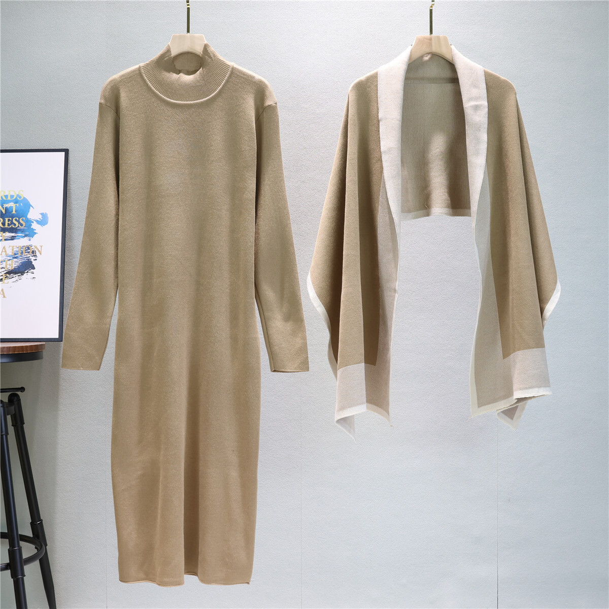 Elegant Women's Sets Knitted Tracksuit new Autumn Winter Long Dress And Scarf Two Piece Suit For Lady Outfit