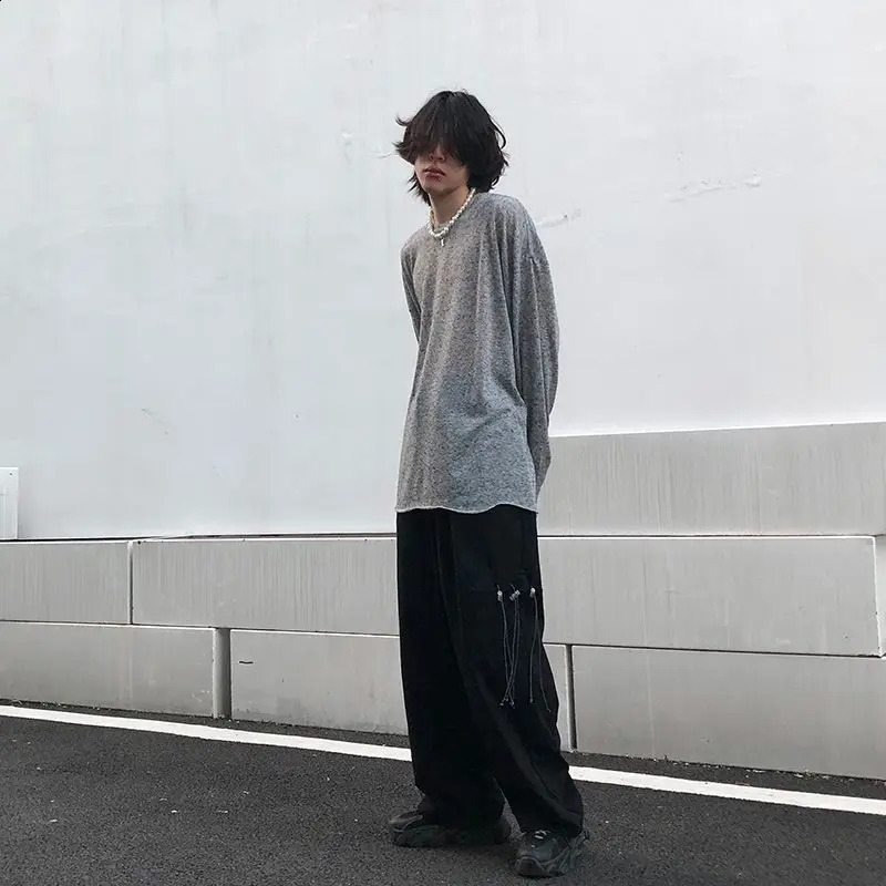 Hip hop high street men and women trendy personality simple round neck long sleeved couple loose retro casual T-shirt base top 241223