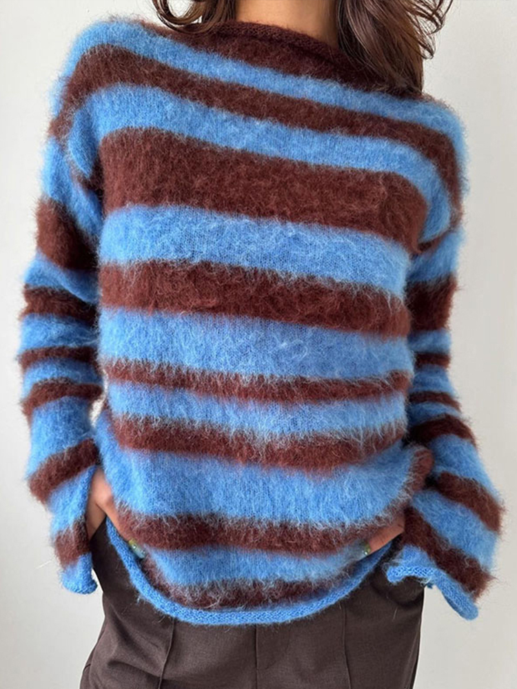 Mohair Striped Sweater Women Contrast Color Knitted O-Neck Long Sleeve Loose Chic Pullover Female Winter New Top Pollover