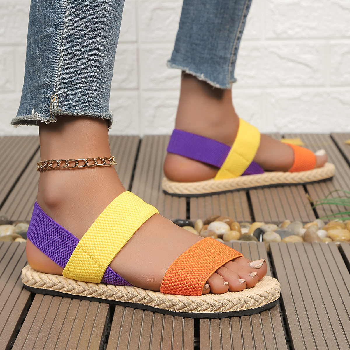 Women's fashion trend anti-slip wear-resistant multi-color matching elastic flat sandals