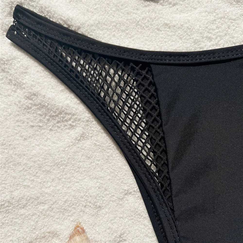 Black Mesh Patchwork Micro Bikini Thong String Halter Swimwear Mini Sexy Swimsuit Women 2024 Hollow Out Bathing Suit Bikinis SetXJ241223