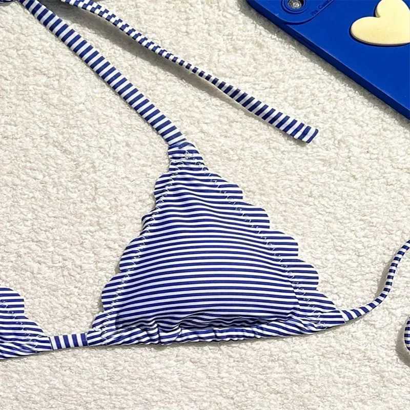 Blue Striped Print Swimwear Triangle Micro Bikini Set Mini Thong Sexy Swimsuit Women Halter String Bathing Suit Bikinis De MujerXJ241223
