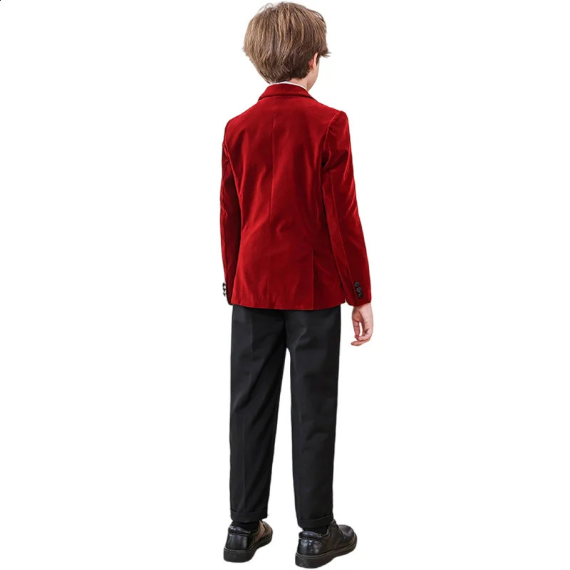 Autumn Boys Red Velvet Suit Set Children Birthday Party Wedding Host Piano Performance Costume Kids Blazer Pants Bowtie Outfit 241223