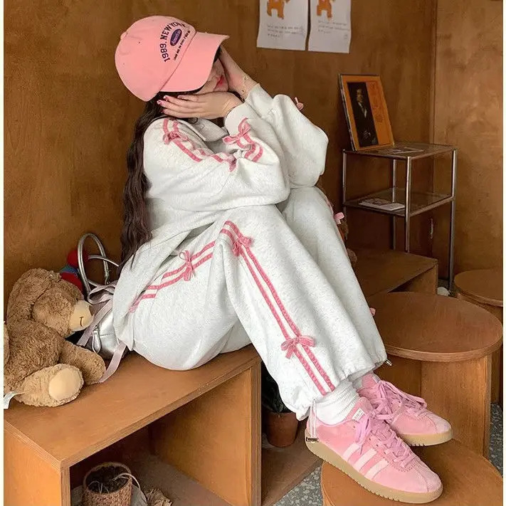Autumn New Fashion Sports Style Gray Bow Stand Up Hoodie Coat+High Waist Loose Casual Wide Leg Pants Two Piece Set Women Outfits