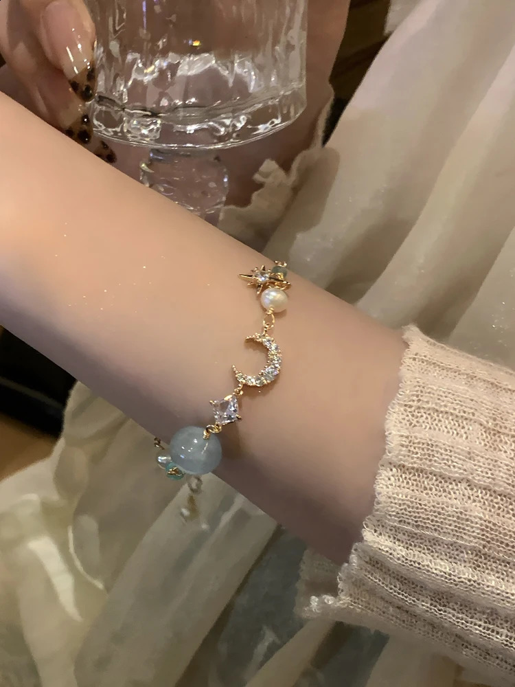 Blue Love Vintage Aquamarine Pearl Bracelet Trendy Summer Sweet Fashion Hand Chain Jewelry Accessories 241220