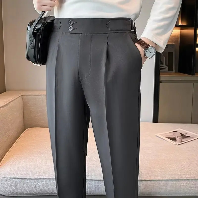 British Style Solid High Waist Draped Trousers Korea Men Formal Blazer Pants Slim Business Casual Suit Pants Hommes 241223