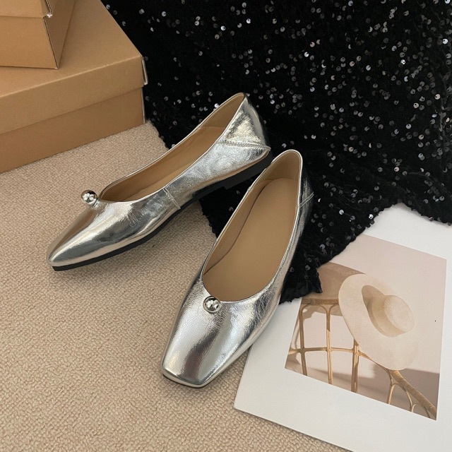Monica 2024 Square Toe Single Shoe With Fashionable And Light Mouth Silver Mary Jane Ballet Shoes 103-3
