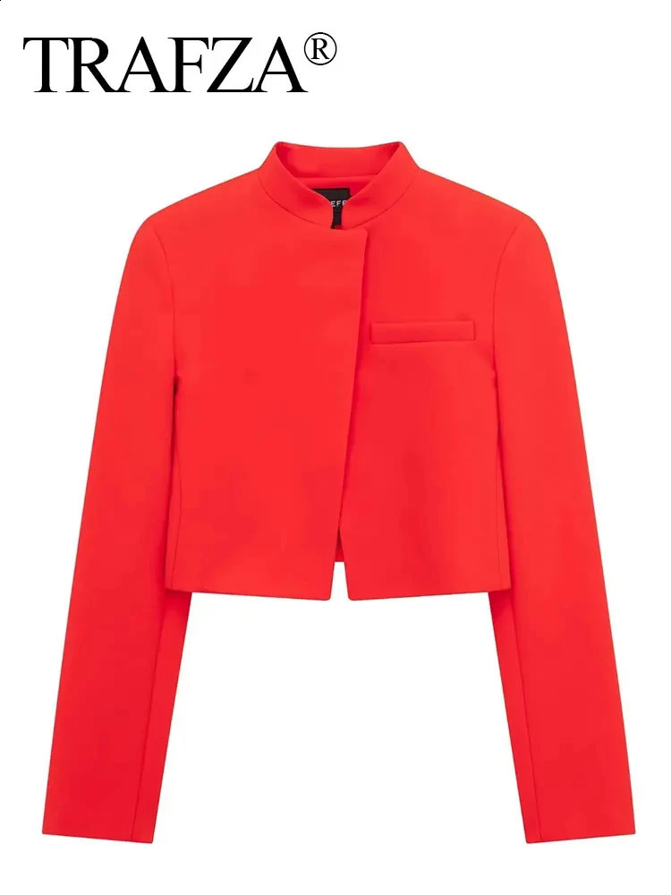 TRAFZA Women Red Slim Cropped Coat Casual Stand Collar Long Sleeve Jacket Vintage Solid Woman Fashion Y2k High Street Outerwear 241223