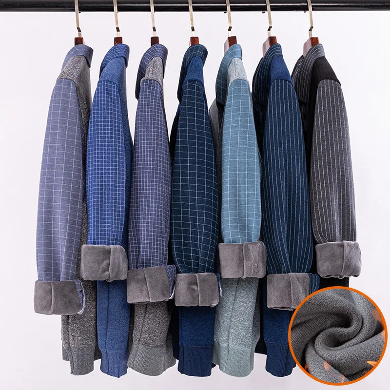 autumn and winter fleece thickened mens shirt long sleeve fake two warm high-quality non-ironing leisure slim fit 241223