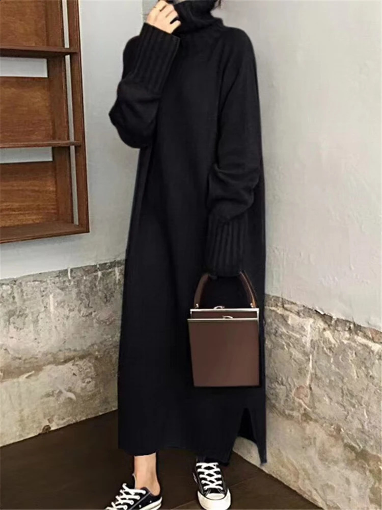 REALEFT Autumn Winter Loose Turtleneck Dress Female Straight Sweater Dresses Long Sleeve Knitted Womens 241218