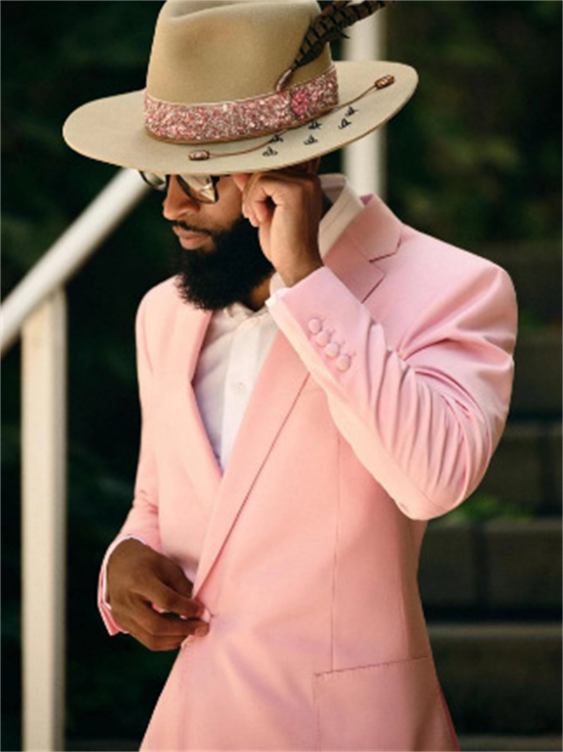 2025 Pink Groom Wear Wedding Tuxedos Slim Fit Two Pieces Men Suits One Button Long Sleeves Peaked Lapel Formal Suit Prom Party Blazer Pants