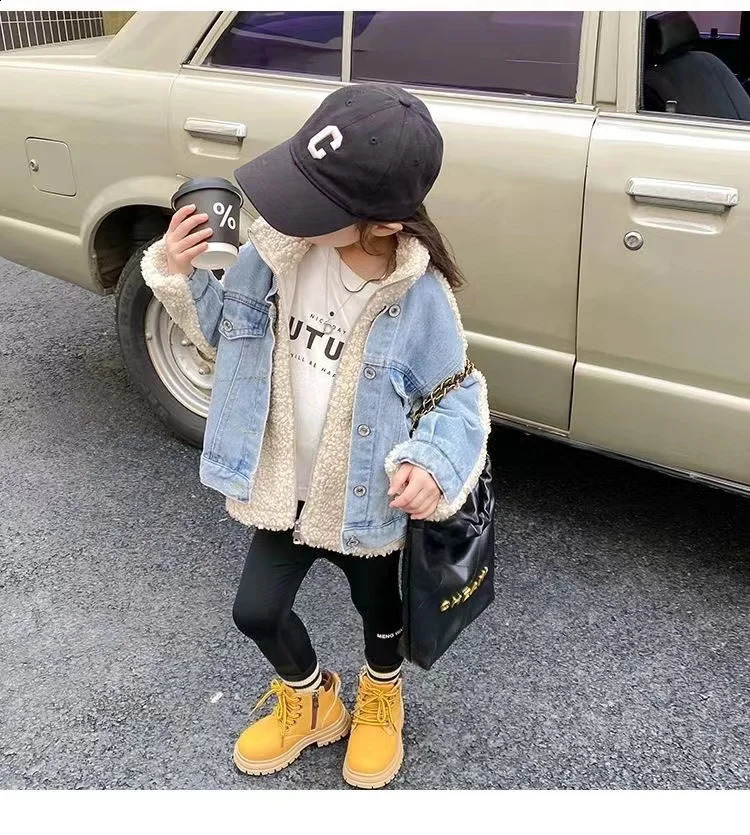 Girls Jacket Fleece Denim Thickness Kids Coats Children Outerwear Autumn Spring 23-A19 241223