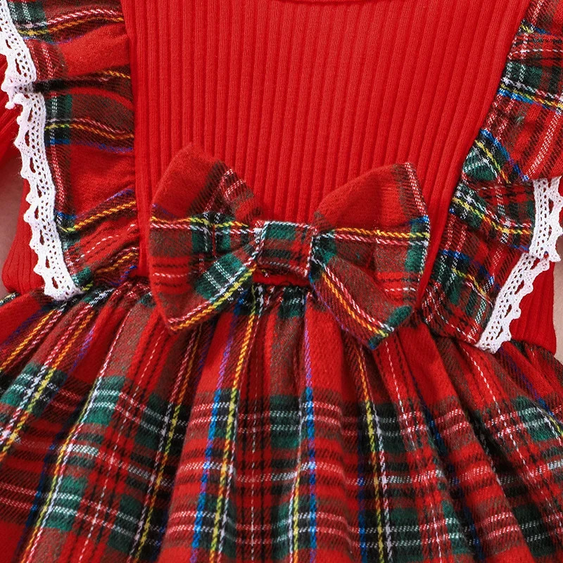 Dress For Kids 3 Months - 3 Years old Birthday Long Sleeve Christmas Red Grid Princess Formal Dresses Ootd For Baby Girl 241223