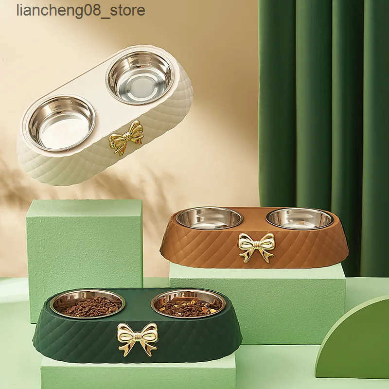 Dog Bowls Dishes Pet Bow-tie Cats Food Dog Stainless Steel Double Pet Drinking Double L240910
