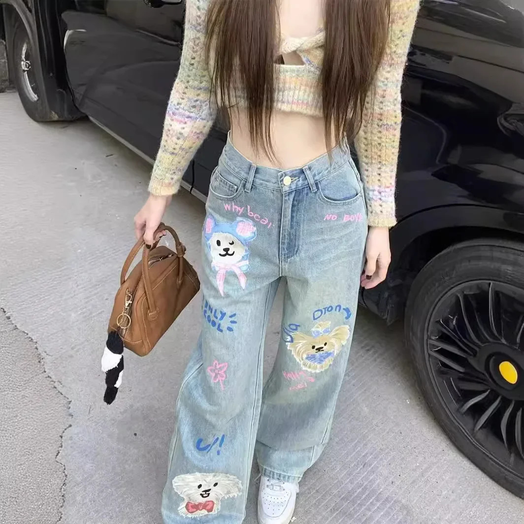 HighWaisted StraightLeg Denim Jeans Plus Size Womens LooseFit AgeReducing TieDye Printing Casual Trousers Floor Length 241218