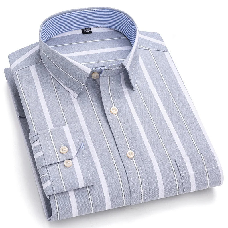 Mens Social Shirt Long Sleeves 100% Pure Cotton Oxford Soft Buttoned Plaid Formal Male Clothes Pocket Social Shirt S-7XL 241223