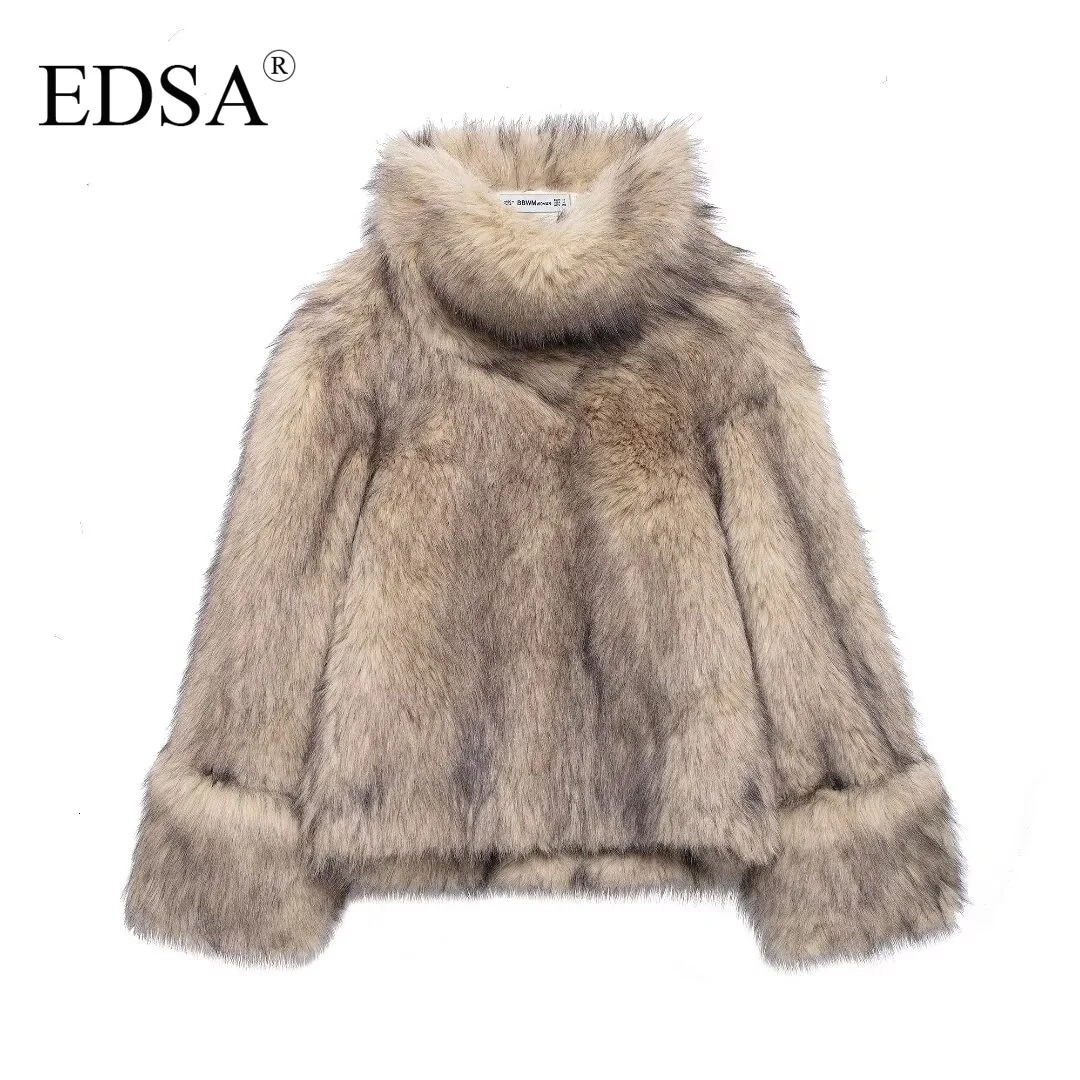 EDSA Womens Artificial Fur Khaki Zipper Sweatshirt Retro High Collar Long Sleeve Womens Fashion Womens Wear 241219