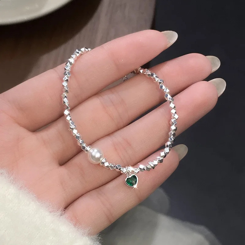 164cm Synthetic Pearls Bracelets For Women Silver 925 Sterling Green Heart Square Silver Bead 925 Silver Womens Bracelet 241220
