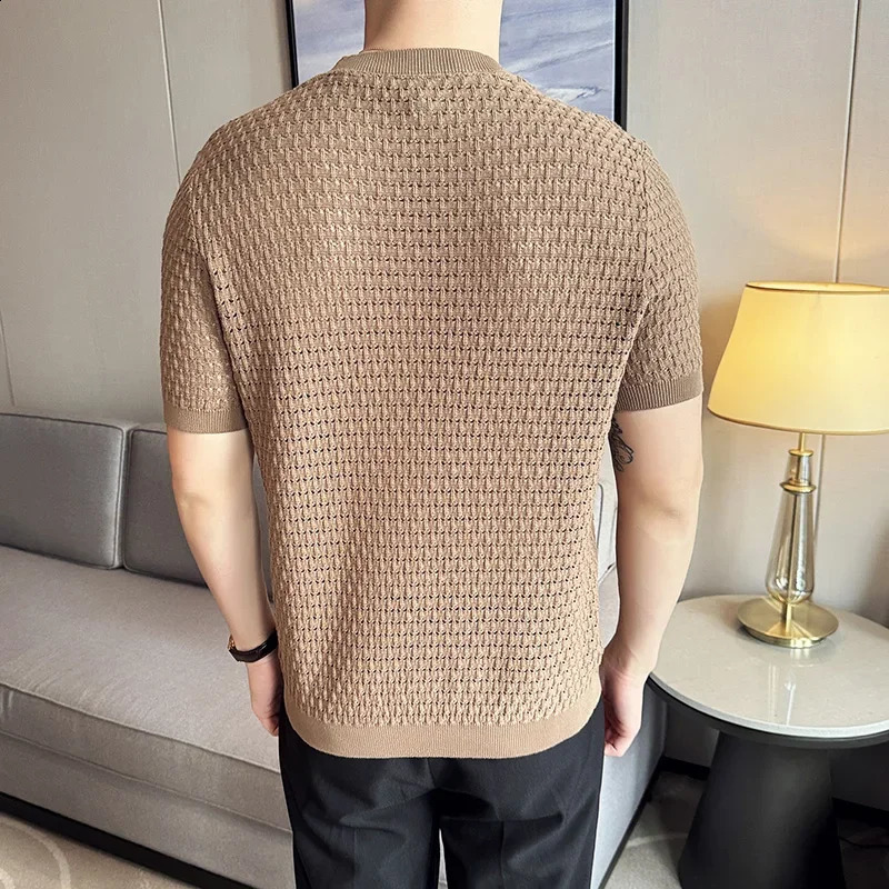 Men T-Shirt 2024 Summer Thin Ice Silk Knitted Hollow Out Round Neck Short Sleeve Elastic Slim Fit T-Shirt Men Clothing Tops 241223