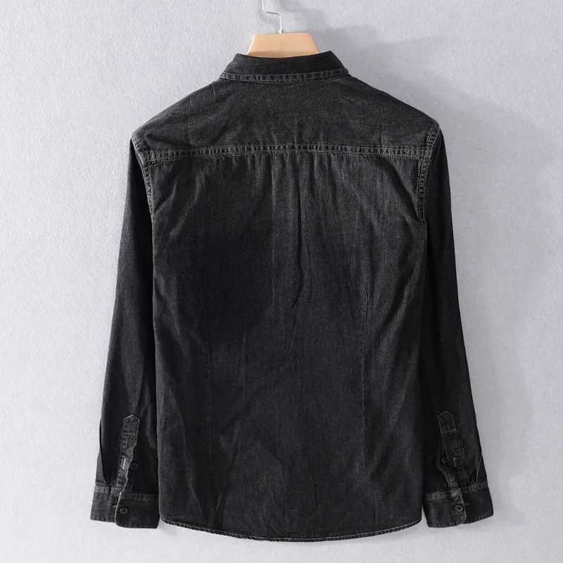 Black washed denim shirt mens clothing cotton casual clothing retro messy jeans top long sleeved cargo loose oversized fashion W241223