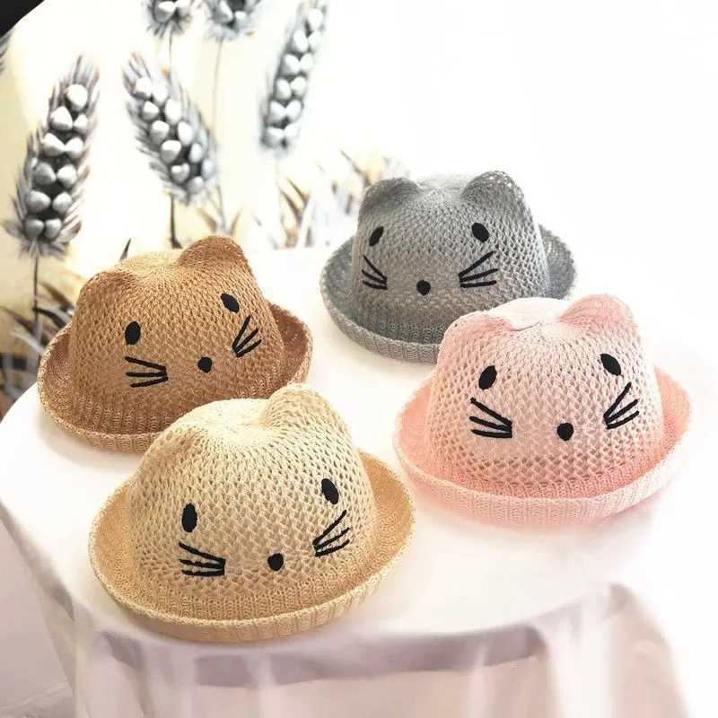 Caps Hats Summer Baby Fishermans Hat Cute Cartoon Cat Boys and Girls Bucket Hat Outdoor Breathable Mesh Childrens Panama Sun Hat H241223
