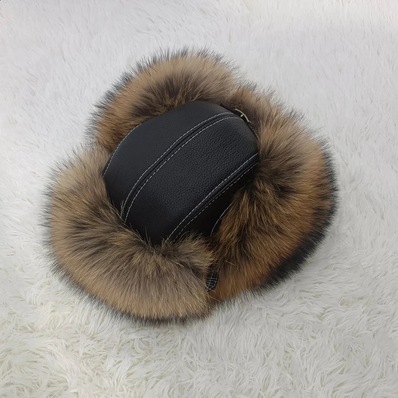 100% Raccoon Fur Natural Color Middle aged Cotton Hat Lei Feng Hat Winter Mens Baseball Hat Full Fur Covered Mens Ski Hat 241220