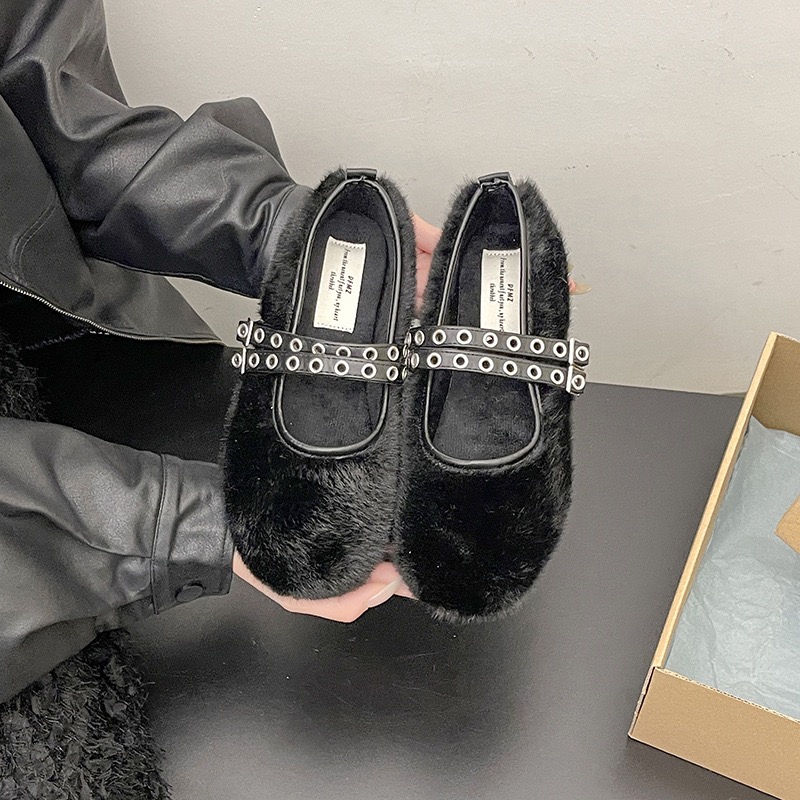 3347F Shoes Winter Cotton For Women Ballerina Cozy Cotton Quality Loafers Warm Plush Moccasins Woman Double Studs Buckle Belt New Fur Flats 2023