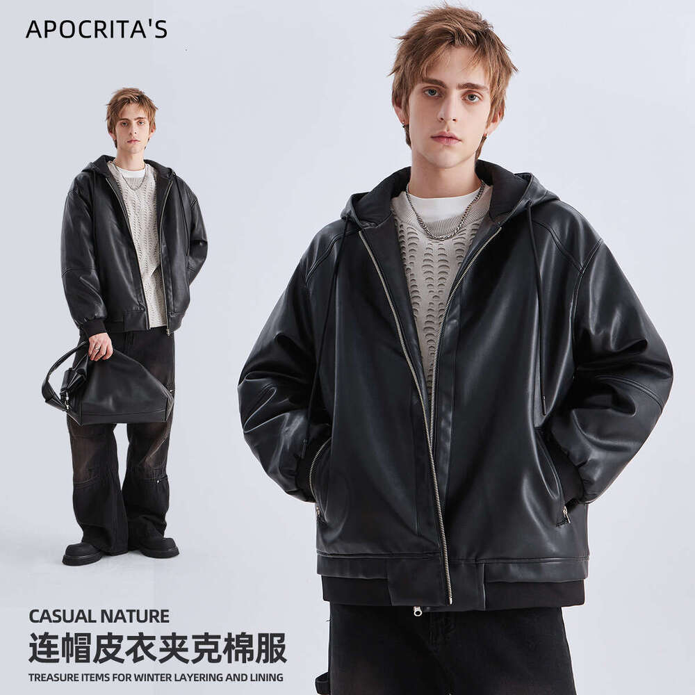 Wear Hooded Cotton Jacket Winter High End Trendy Thickened Warm Loose Zipper Leather Men's Coat