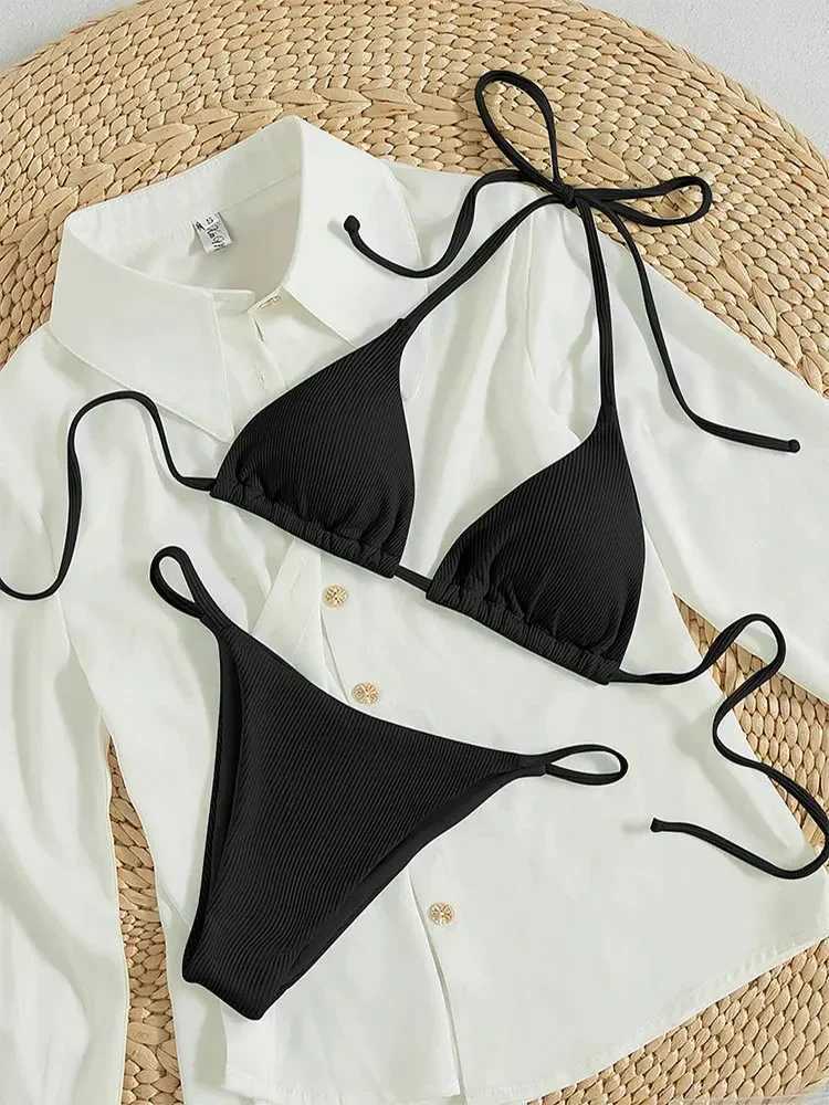 OIINAA Bathing Suit Women Sexy Solid Halter Swimsuit Special Stripe Fabric Bikini Set Drawstring Lace Up Two-piece Split BiquiniXJ241223