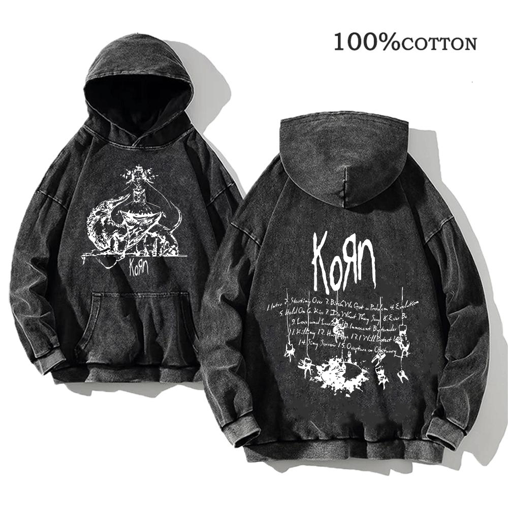 Korn Rock Band World Tour Hoodies Vintage Washed Men's Sweatshirts Cotton Hip Hop Streetwear Hooded Pullover Loose Y2k Tops