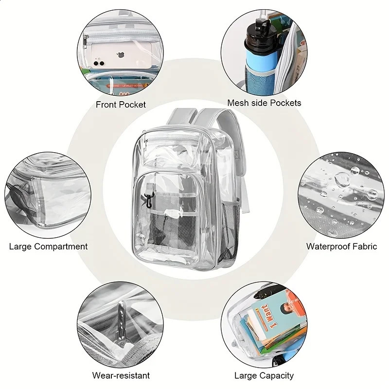 Clear Backpack Large Heavy Duty PVC Transparent Backpack See Through With Reinforced Straps Backpack Clear Bookbag for School 250103