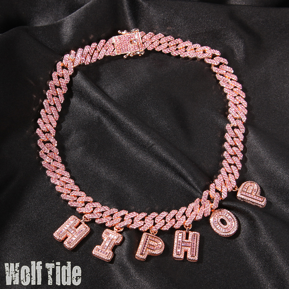 12mm Pink Custom Letter Name Pendant Crystal Cubal Link Chain Necklace Bracelet DIY Initial Letters Curb Chains Couple Personalized Match Jewelry Puls