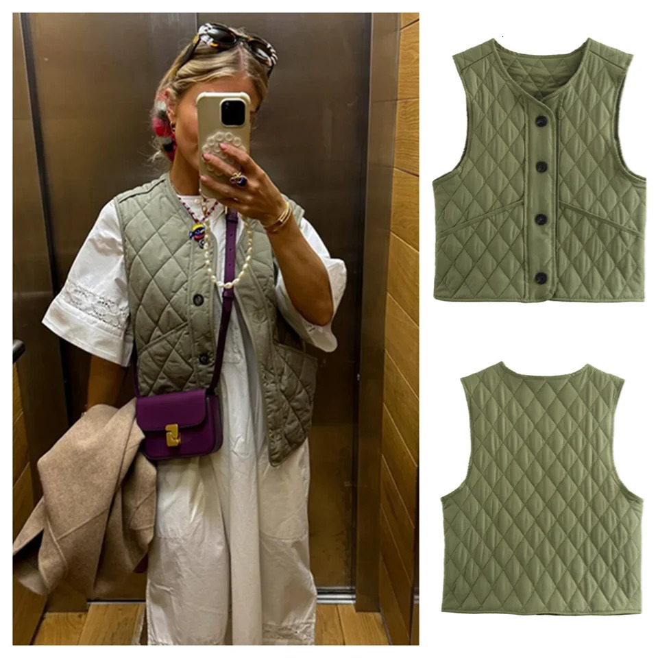 PB ZA2024 Autumn Womens Fashion and Casual Versatile Round Neck Sleeveless Quilted Cotton Vest Coat 241220