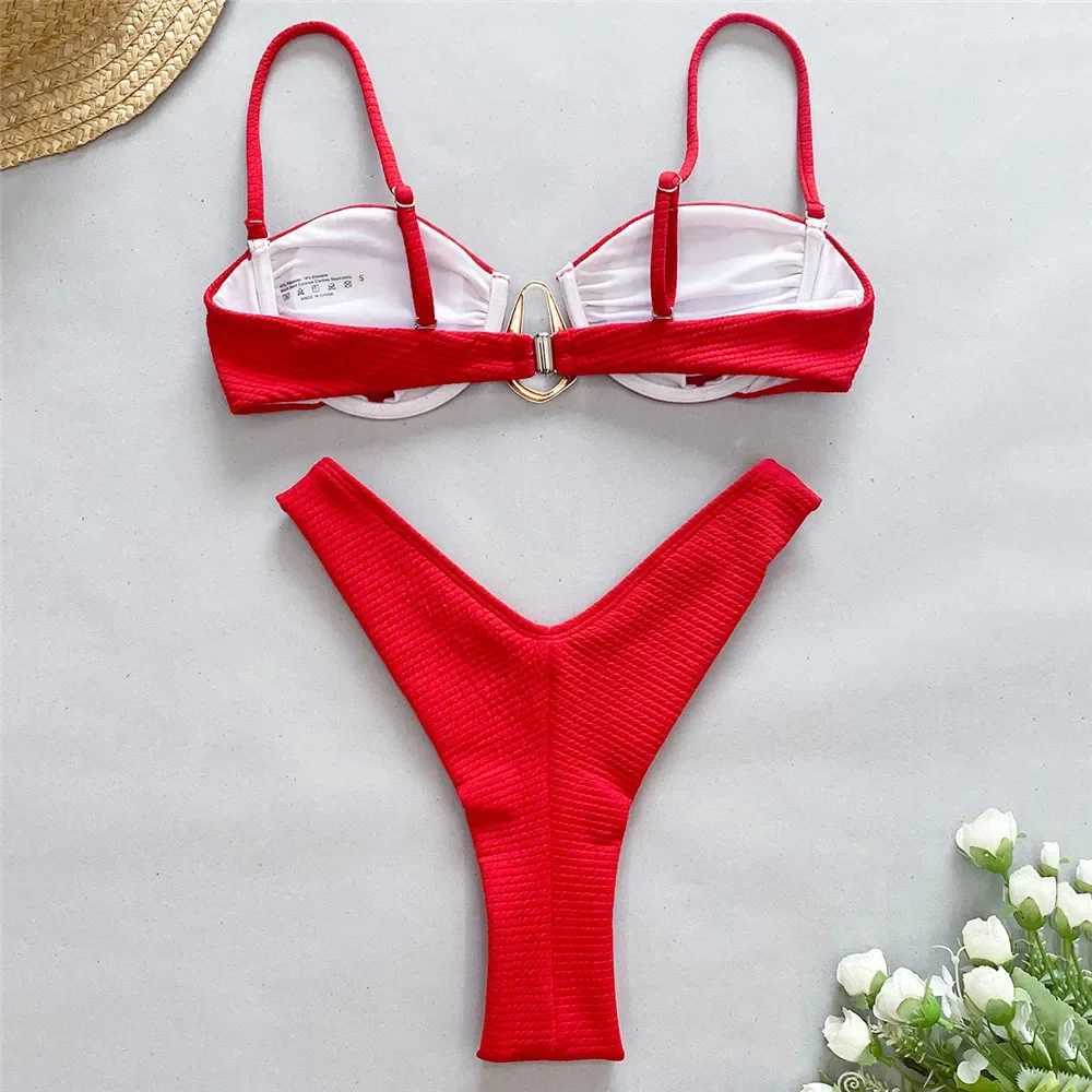 Sexy Red Push Up Bikini 2024 Women Swimwear Wrinkled Underwired Swimsuit High Cut Bathing Suit Metal Ring Bikinis Set BiquinisXJ241223