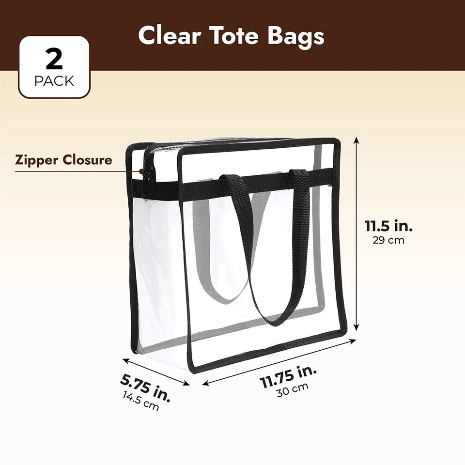 2Pcs Clear Tote Bags with Zipper Large Capacity Transparent Shoulder Bag Multipurpose Transparent for Work School Gym 250103